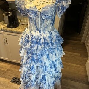 Blue Floral Tiered Ruffle Strapless Formal Dress